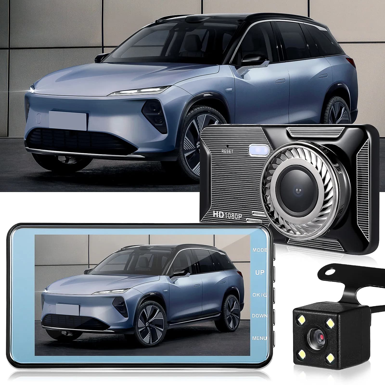 Dash Cam con Schermo Touch da 4 Pollici, Registratore DVR Auto 1080P a Doppia Lente, Telecamera Anteriore e Posteriore Grandangolare con Monitoraggio Parcheggio e Rilevamento Movimento