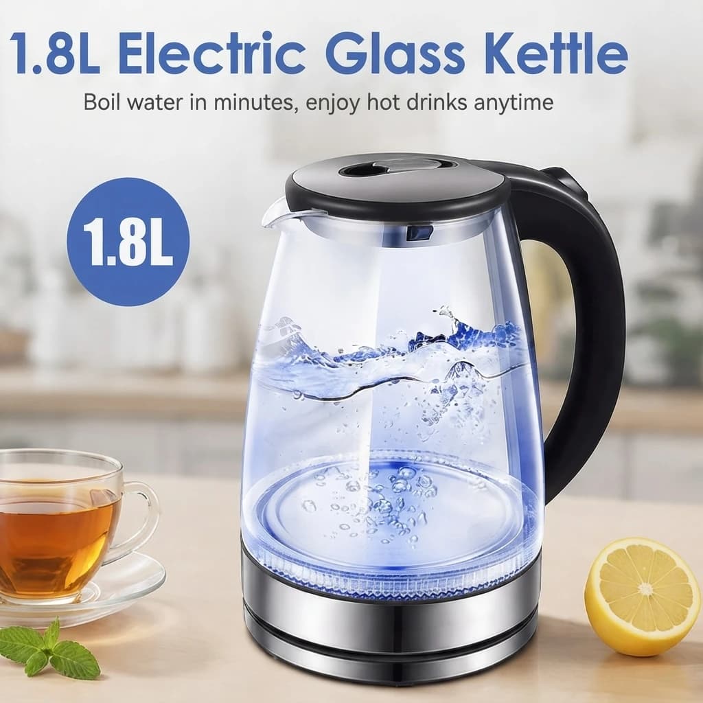 Electric Glass Kettle 1.5L Fast Boil Water Heater, Premium Borosilicate Glass Tea Maker with Stainless Steel Base for Coffee, Tea and Home Use