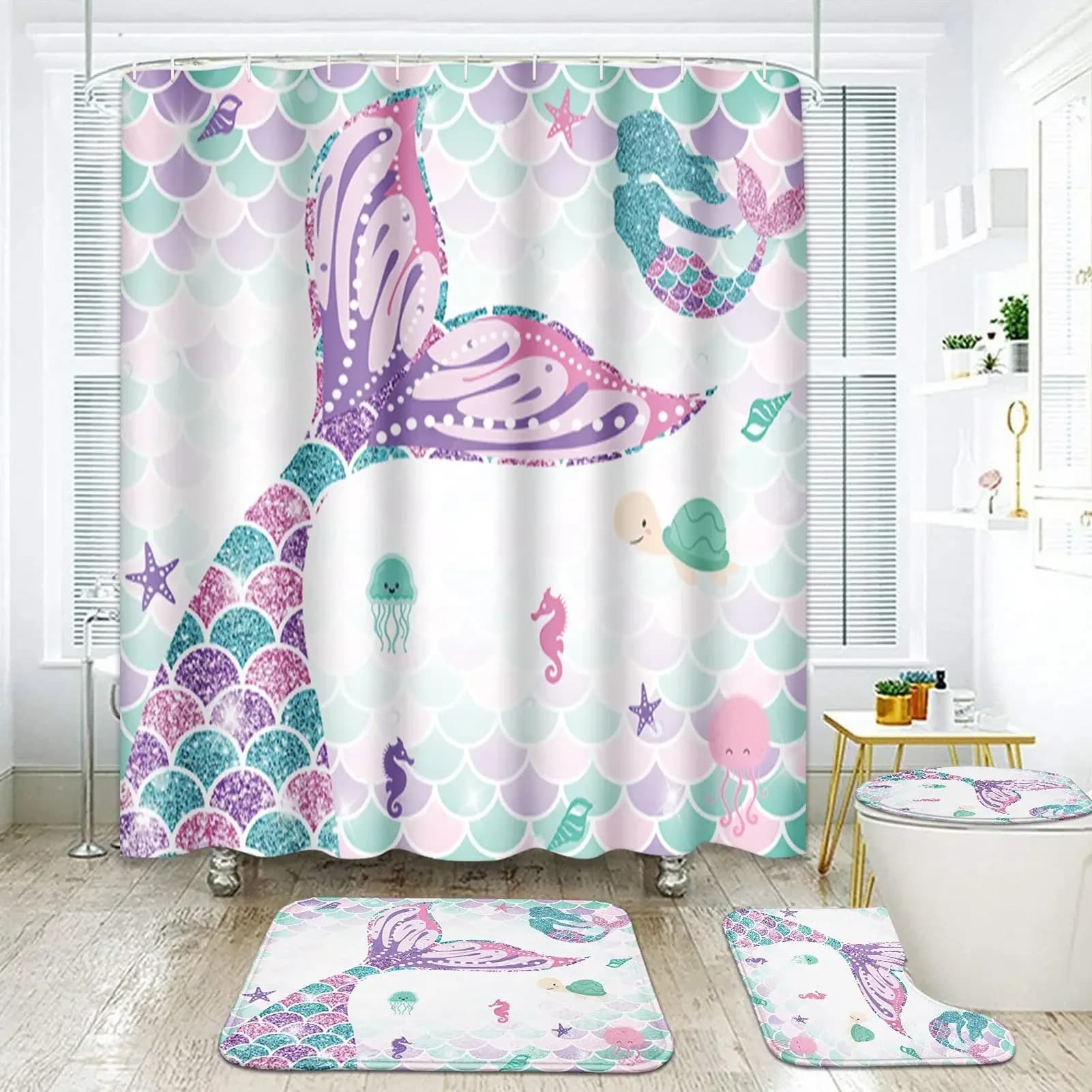 Set di tende da doccia a sirena con tappeti antiscivolo Copri coperchio per WC Tappetino da bagno Set di tende da doccia per bagno con stelle marine di corallo oceano per bambini