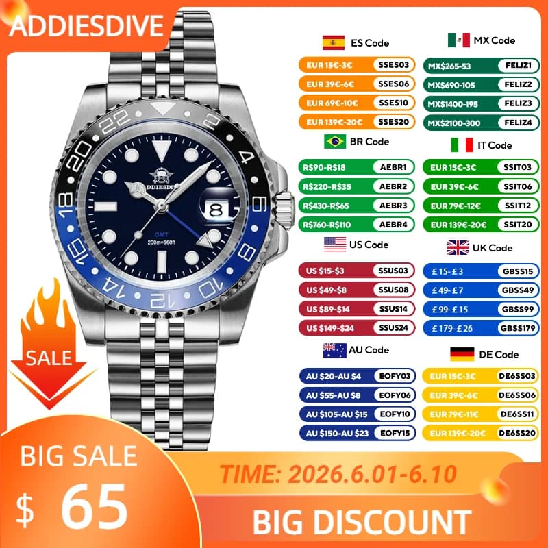 ADDIESDIVE NEW GMT Stainless Steel Men's Watches Ceramic Bezel Man's Quartz Watch Waterproof 20Bar Diving Reloj Hombre AD2050