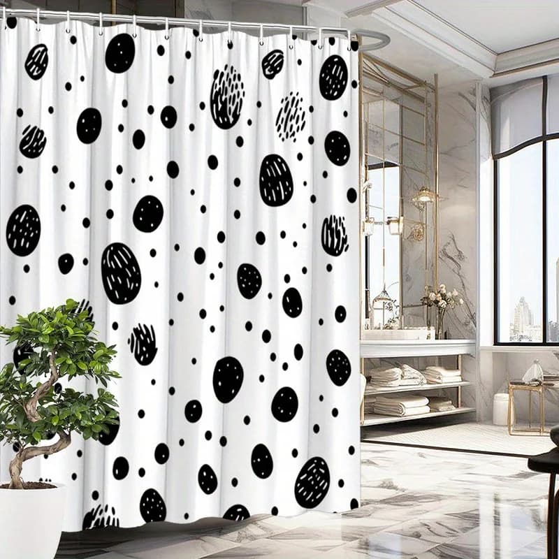 Tenda da doccia con cerchi neri astratti, puntini neri minimalisti su bianco, poliestere, lavabile in lavatrice e durevole, arredamento moderno per il bagno