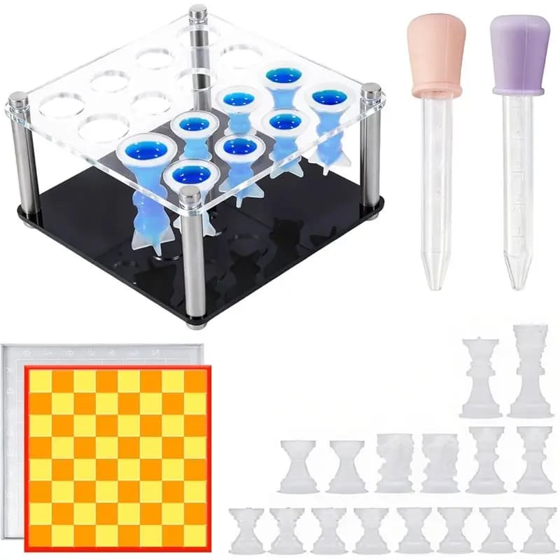 Stampo in silicone 3D B84B per set di scacchi in resina, 1 confezione, 16 pezzi a grandezza naturale con 1 supporto per resina epossidica
