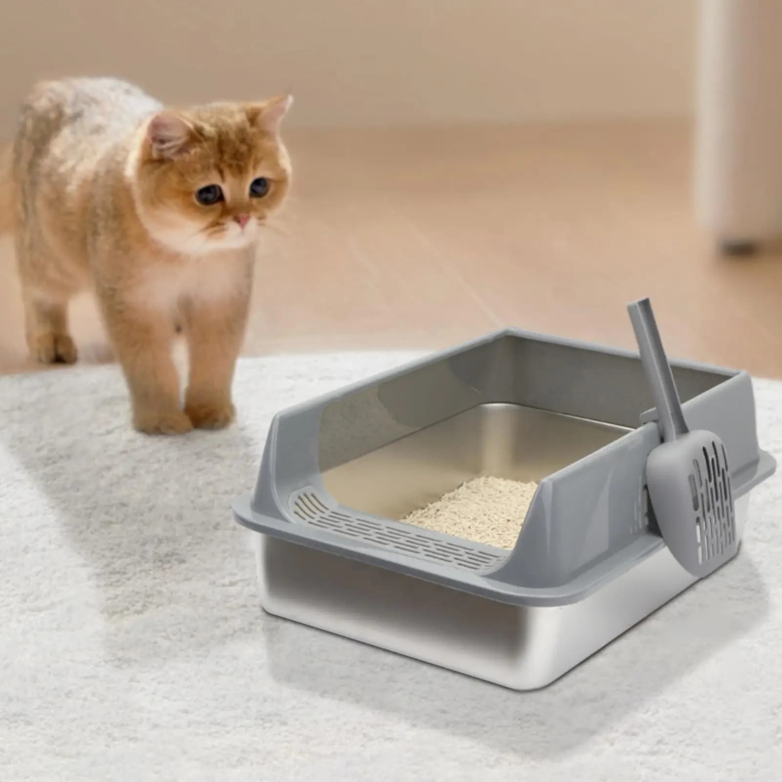 Toilette per gatti in acciaio inossidabile Grande lettiera per gatti Approfina la lettiera per animali domestici con paletta Lettiera per gatti semi chiusa con pala per lettiera
