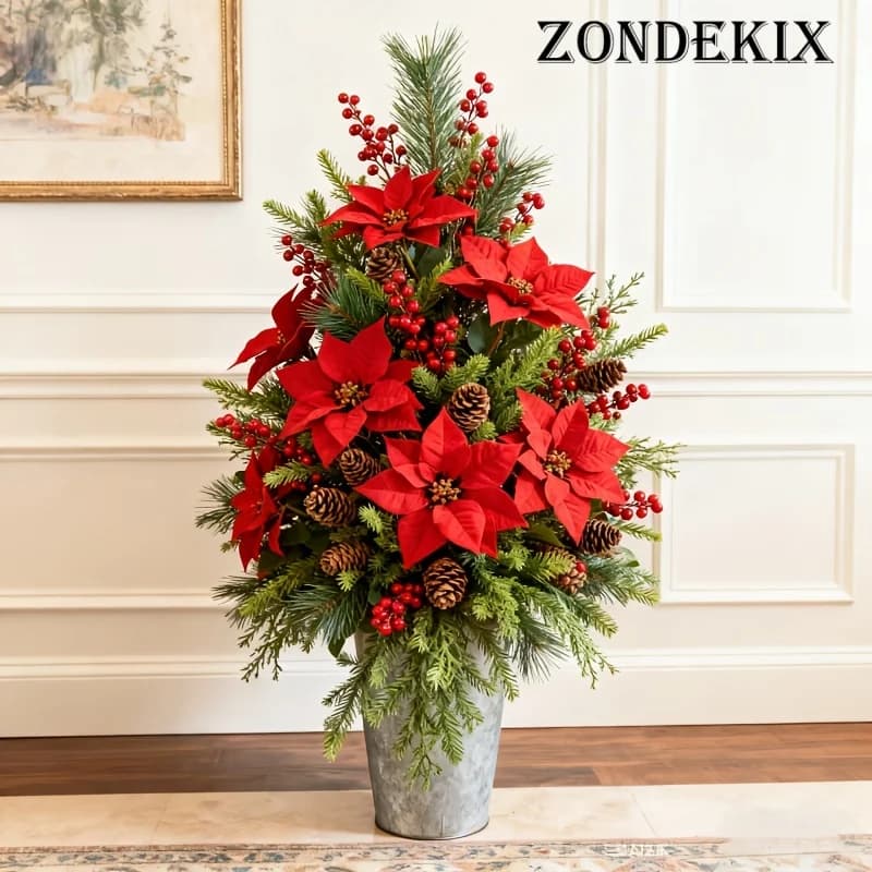 Bouquet natalizio artificiale con pigne, bacche rosse e foglie ad ago - Decorazione di piante finte adatta per artigianato, ghirlande e pollici