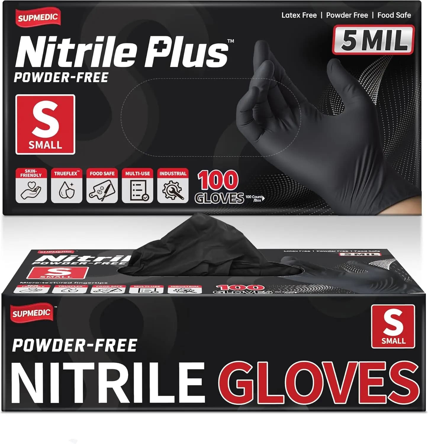 Nitrile+ Disposable Gloves, 5Mil Chemical Resistant Powder-Free Latex-Free Glove Exam Cook Tattoo, Black Blue 100Pcs