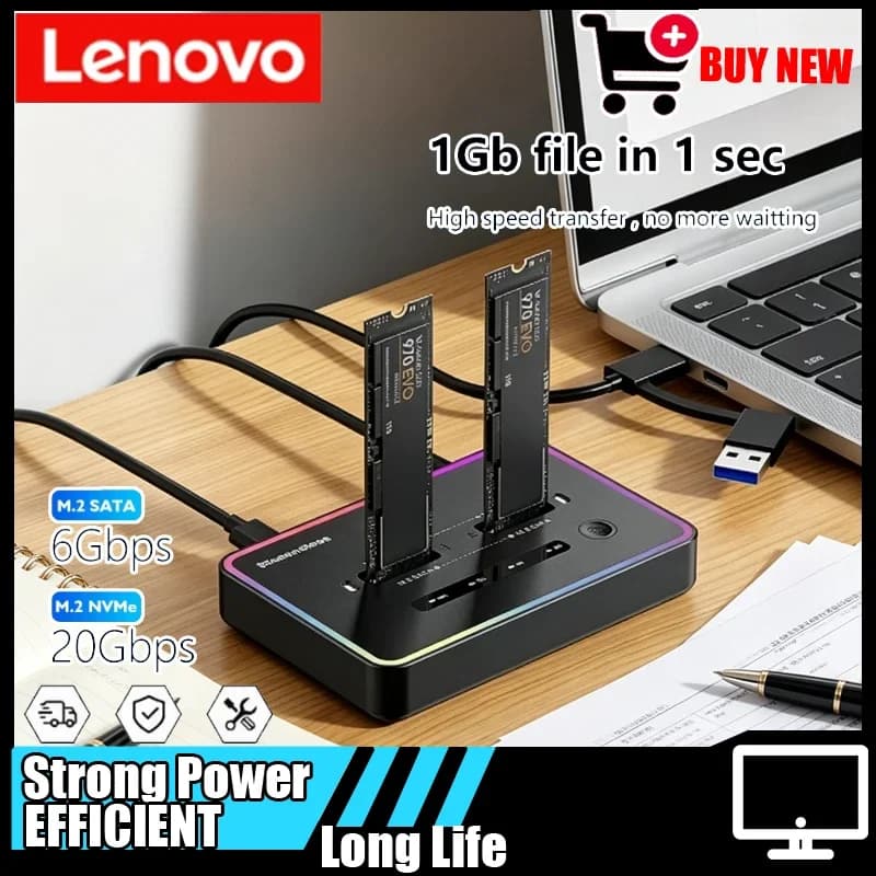 Enclosure Lenovo Dual Protocol a 2 Bay per SSD M.2, Docking Station NVMe/SATA, Case Esterno con Clonazione Offline 10Gbps Type-C