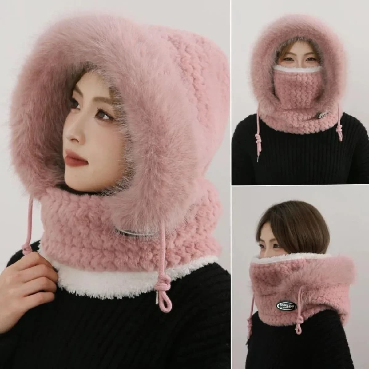 Winter Plush Hat for Women 3 In 1 Hood with Scarf Mask Ear Protection Windproof Beanie for Outdoor Cycling Winter Accessories
