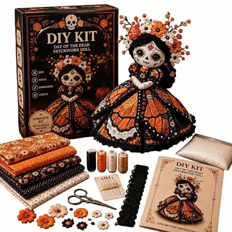 Hot Day Of The Dead Patchwork Doll DIY Kit Skull Face Handmade Sewing Craft Set, Patchwork DIY Collection Gift For Doll Lovers