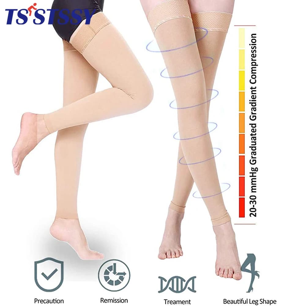 1Pair Thigh High Footless Compression Sleeve Leg Stockings with Silicone Band for Women Men Firm 20-30 mmHg Graduated Support