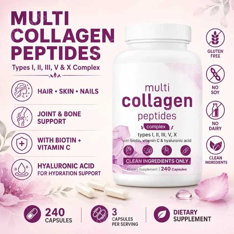 240 Capsules Multi Collagen Peptides Complex Types with Biotin Vitamin C & Hyaluronic Acid for Joint & Skin Health