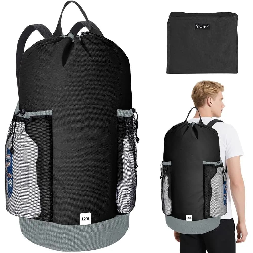 Zaino Portabiancheria da 120L, Borsa per Bucato da Viaggio Grande in Tessuto 900D con Tracolla e 2 Tasche in Rete per Dormitorio Universitario, Appartamento