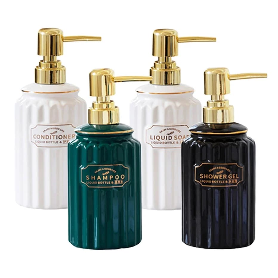 Set di Dispenser per Sapone Liquido e Shampoo da 350ml, Contenitori in Ceramica per Bagno con Pompa, Flaconi Vuoti per Disinfettante Mani