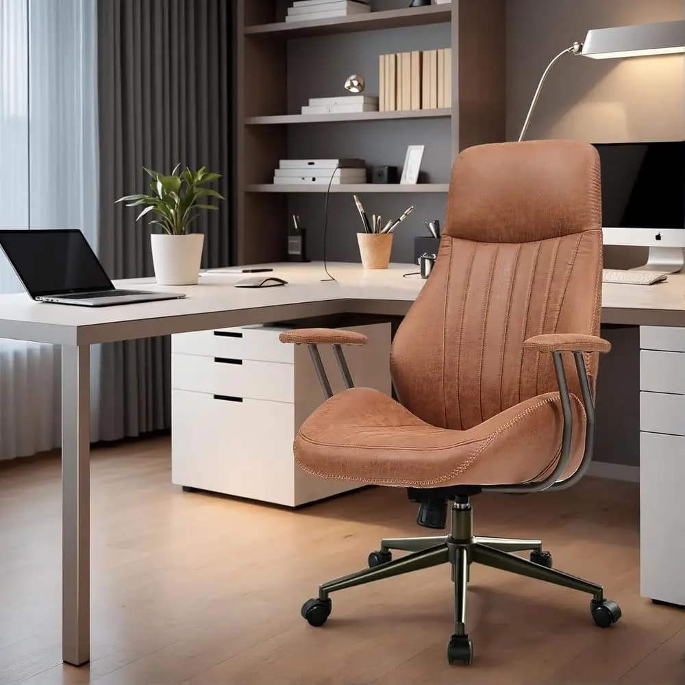Sedia Girevole Ergonomica con Schienale Alto, Altezza Regolabile e Supporto Lombare per Ufficio, Studio o Gaming (Camoscio Marrone Chiaro)