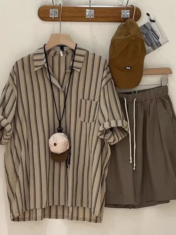 plus Size 300 Pou ex Casual Stripe ort Sve Collared irt Summer New Sle Sportswear Two-Piece Set for Teens