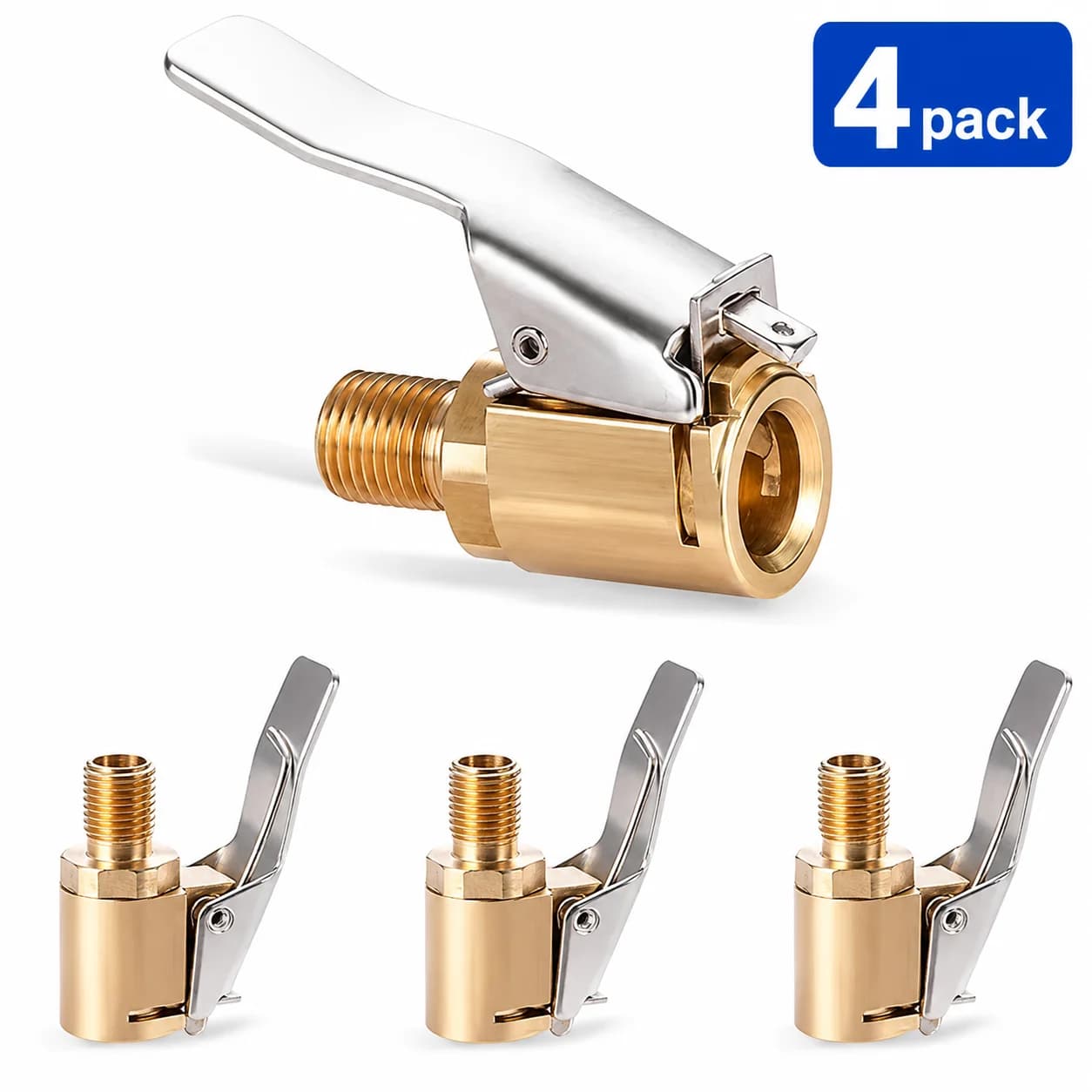 4 Pack 8mm Brass Tire Air Chuck, Quick Lock-On Tire Inflator Adapter, No Air Loss Valve Connector