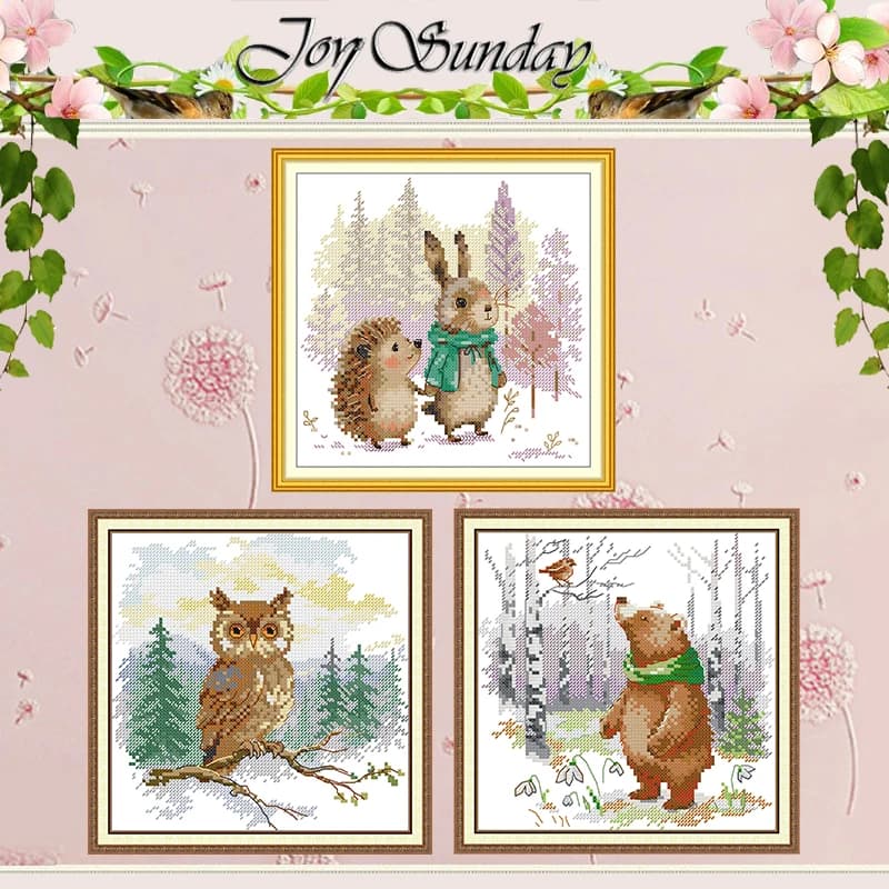 Hedgehog and Har Bear Owl Patterns Counted Cross Stitch Set 11CT 14CT 16CT Stamped DMC Cross-stitch Kit Embroidery Needlework