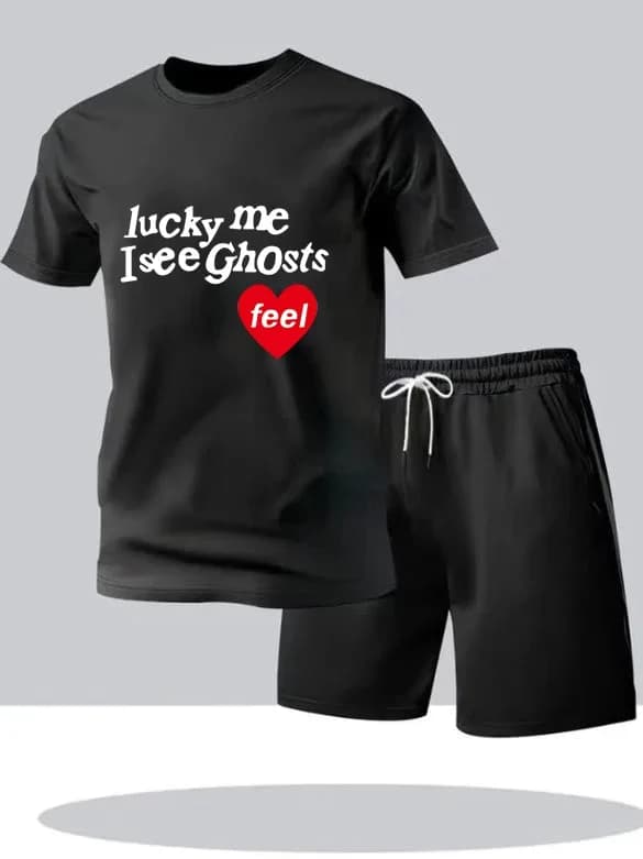 Set T-shirts and shorts Lucky Me I See Ghosts, red heart print, casual summer suit streetwear