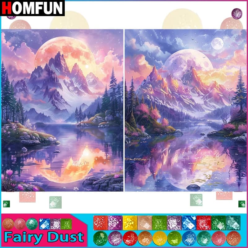 HOMFUN Fata Polvere Diamante Ricamo "Paesaggio Luna Montagna" Modello FAI DA TE 5D Pittura Diamante Ricamo Pittura Completa Trapano