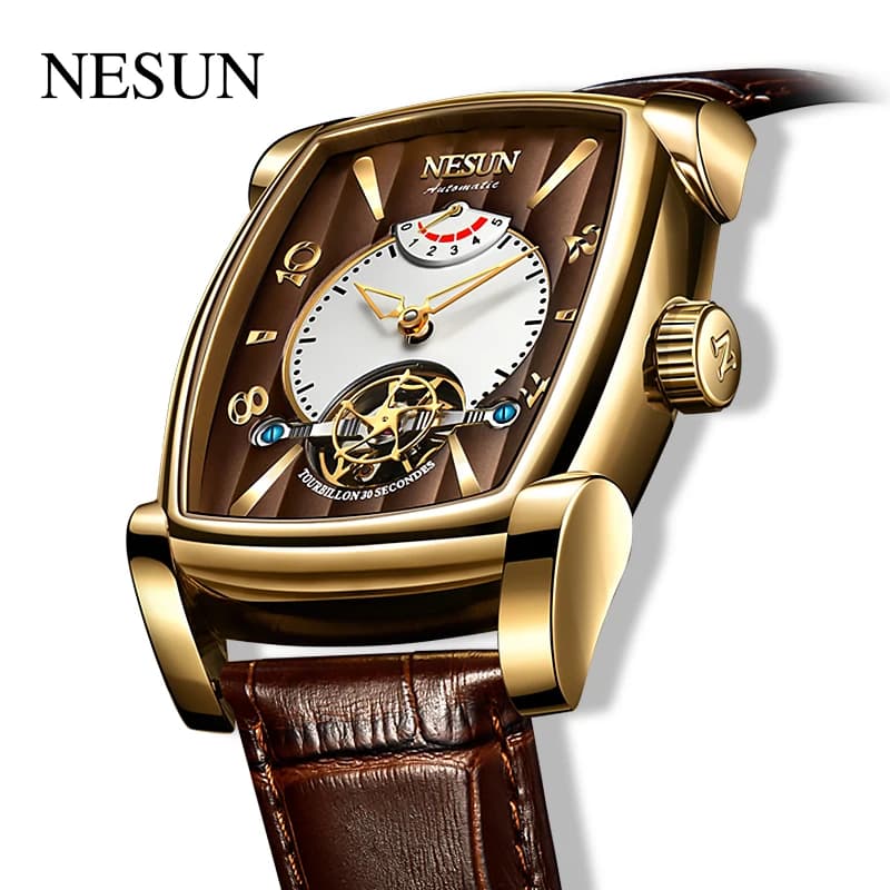 Nesun Men's Watch Automatic Tourbillon Skeleton Dial Rectangular Mechanic Hollow Power Display Mekanik Kol Saati