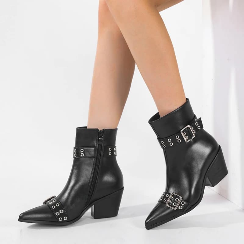 Liyke Goth Fashion Design Fibbia per cintura Punta a punta Stivaletti con zip per donna Tacchi bassi quadrati Scarpe Chelsea Stivaletti da donna Nero