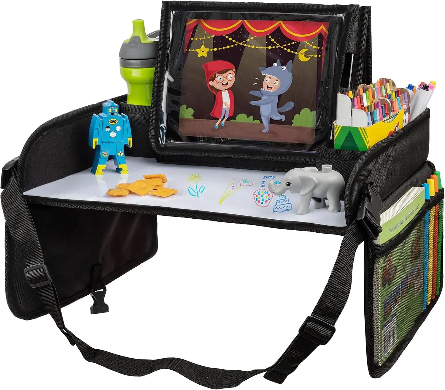 Tavolino da Viaggio per Bambini con Superficie Cancellabile a Secco, Porta Snack e Supporto per Tablet per Sedile Posteriore Auto