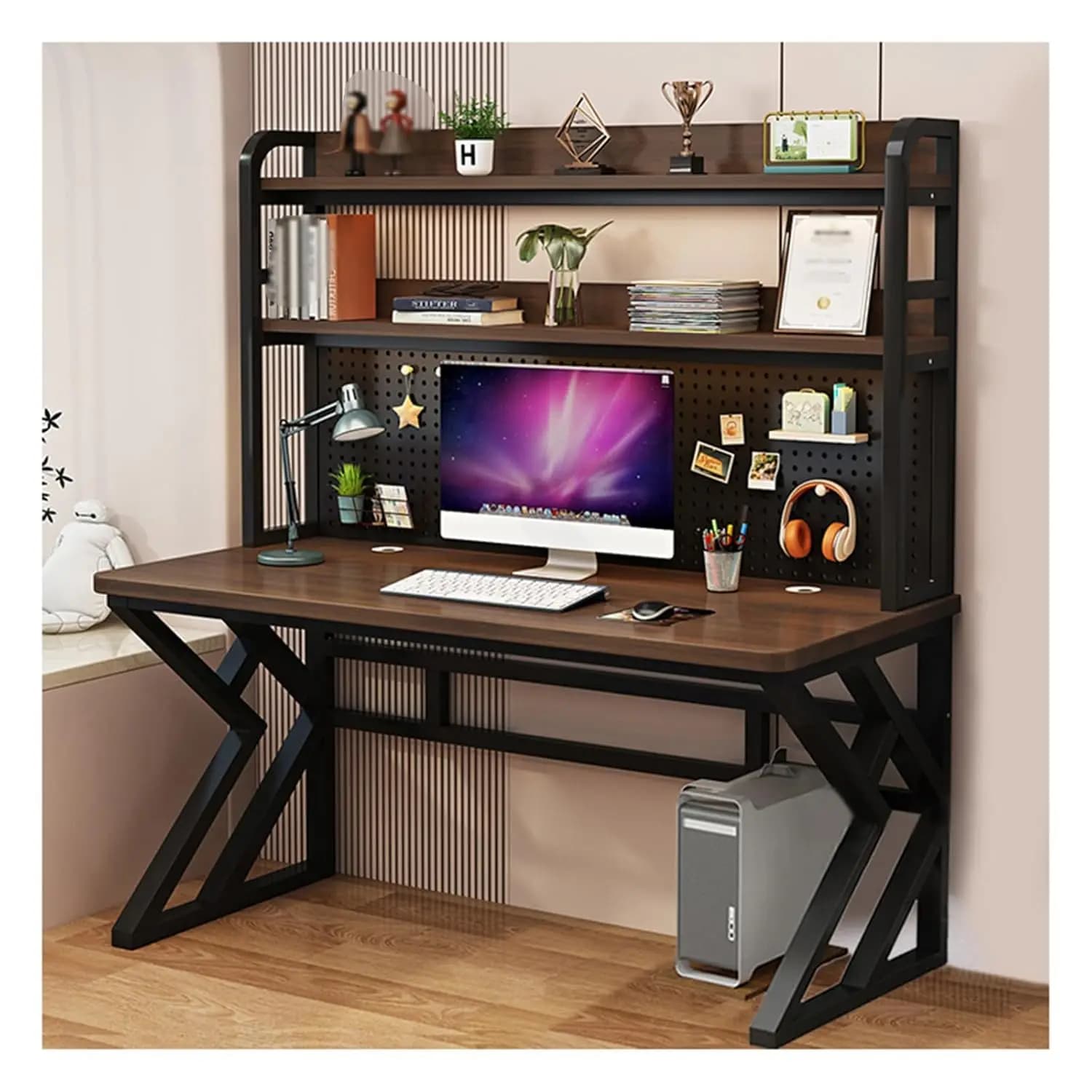 Scrivania da Gaming da 47 Pollici con Libreria Integrata, Scrivania per Computer con Pannello Forato, Ampio Tavolo da Scrittura con Ripiani, Personalizzabile