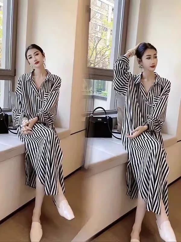 Spring 2026 Women's Loose Fit Long Sleeve Collar Striped Shirt Dress mid Length Slimming UV Protection Casual Wear