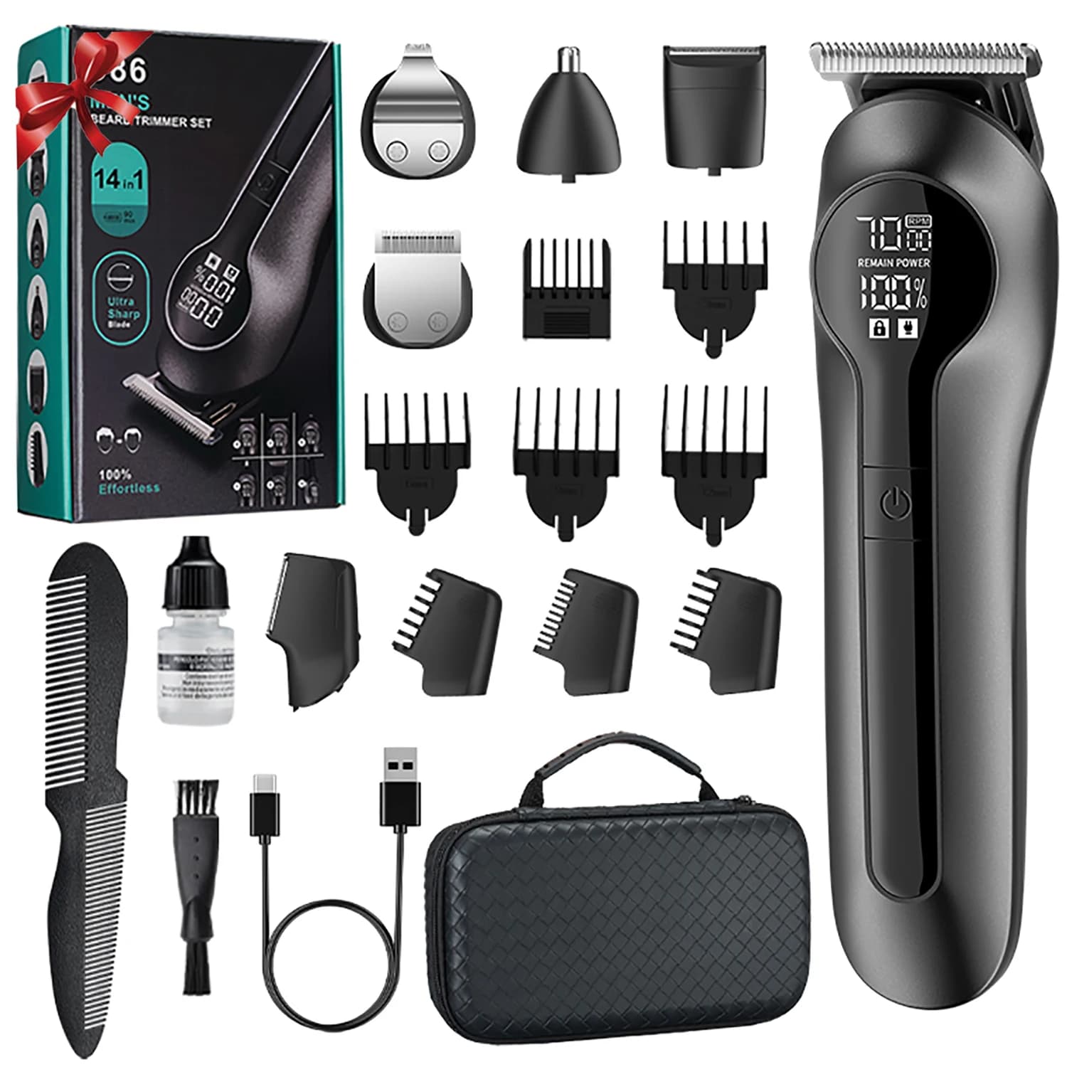 Hair Clipper for Men, Professional Cordless Barber Hair Cutting Trimmer Rechargeable Beard Nose Body Hair Grooming Kit for Men 6 in 1