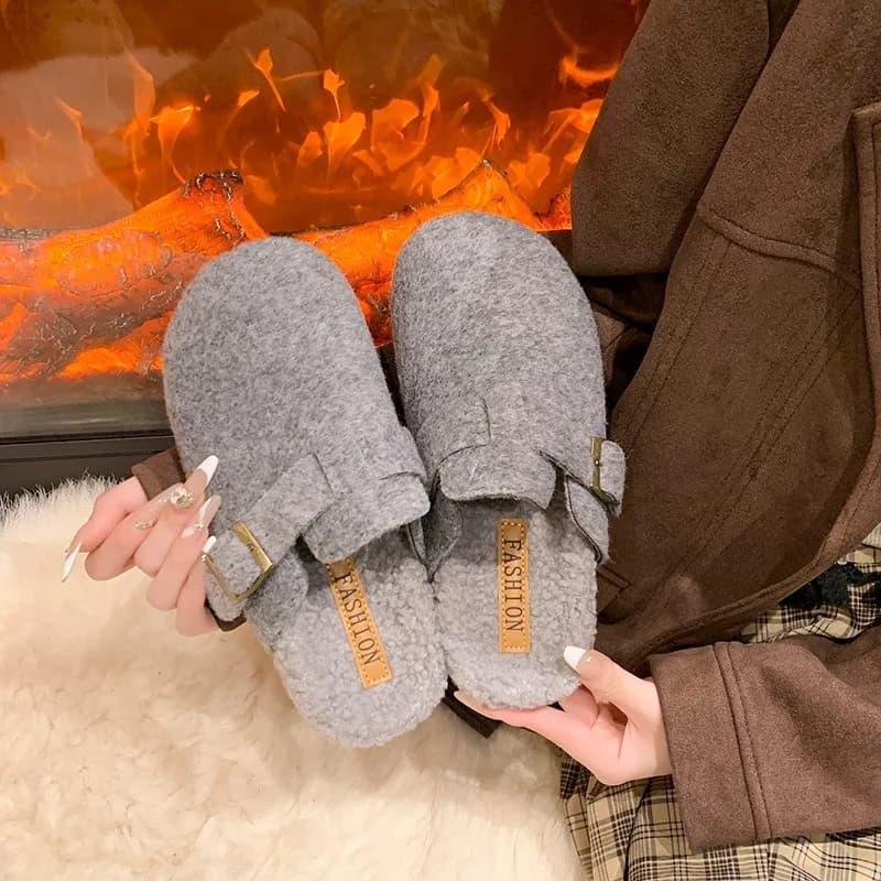 2025 Women's Winter Slippers Cotton Felt Slippers Suede with Adjustable Buckle Flat Slippers Lady House
