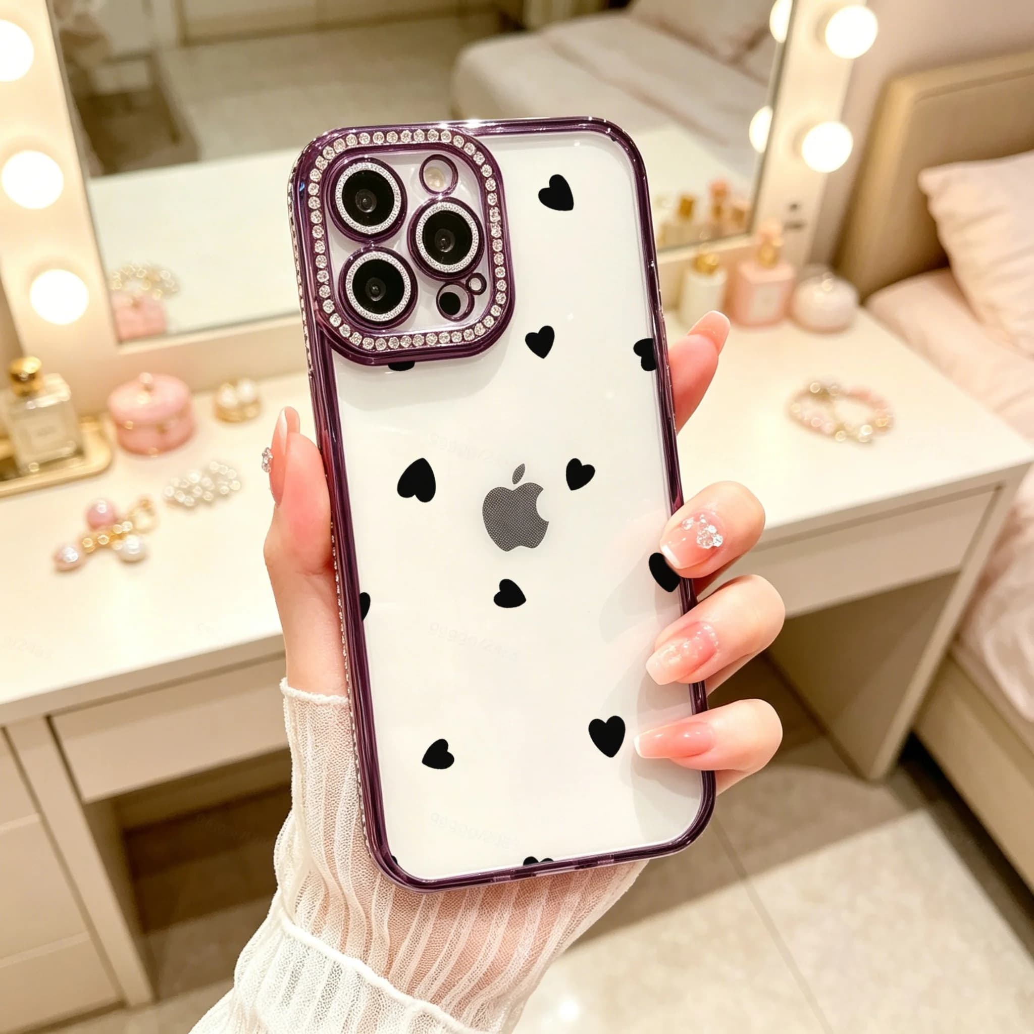 Diamond Electroplated TPU Phone Case for iPhone, Cute Phone Case, Black Heart Pattern With Purple Rhinestone Camera Frame , Luxury Glitter Rhinestone Frame, Built-in Lens Protector, Anti-Slip Shockproof Clear Cover