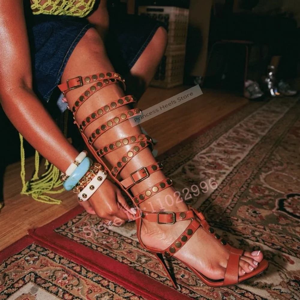 Sandali con cinturini con fibbia rivetti Sandali open toe con taglio cavo Sandali con cerniera incrociata Scarpe estive da donna Scarpe casual da festa con tacco alto sottile