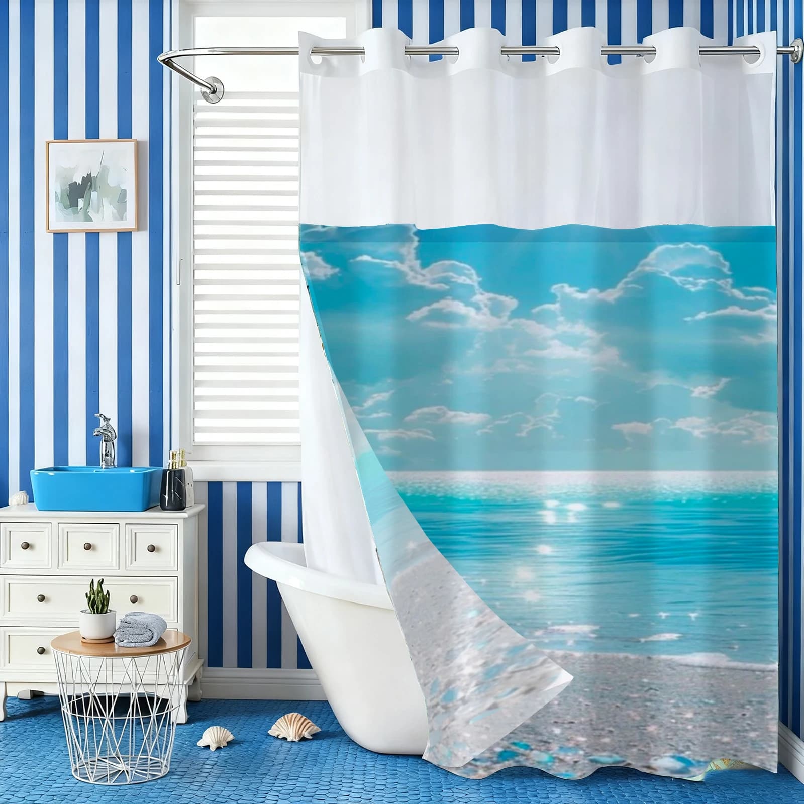 Tenda da doccia con motivo a conchiglie da spiaggia senza ganci, con rivestimento in tessuto a incastro, finestra superiore trasparente, tenda da vasca impermeabile a doppio strato