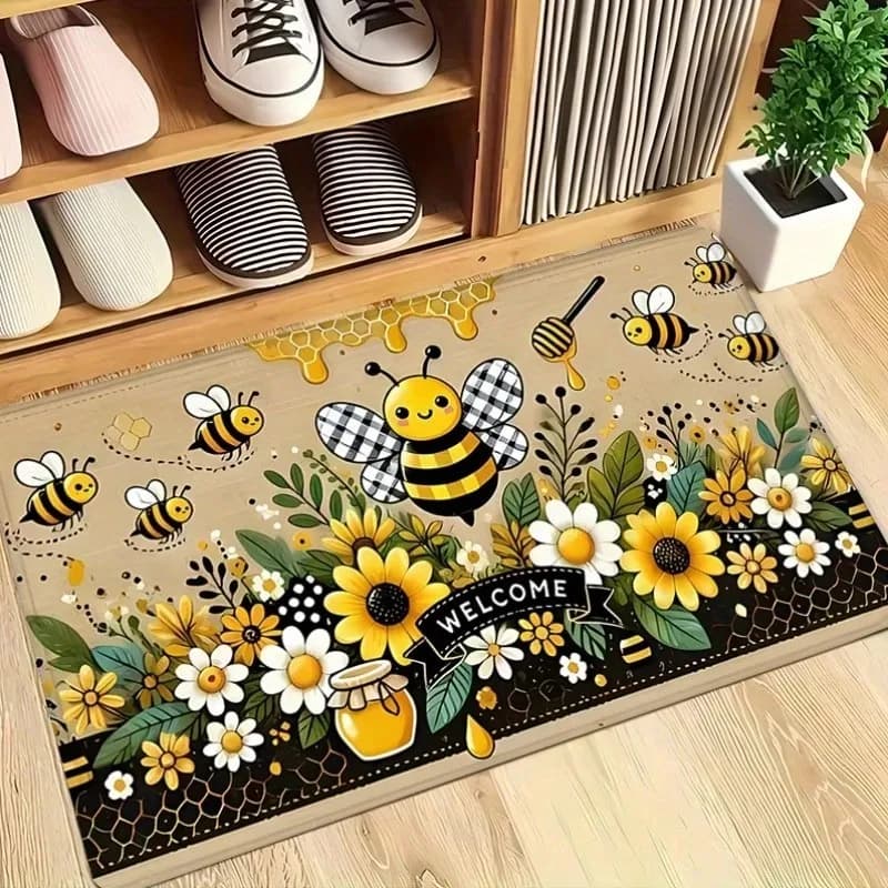 Coconut fiber door mat with honeycomb pattern and sunflowers, themed sweet nature, non-slip and washable, for entrance and kitchen