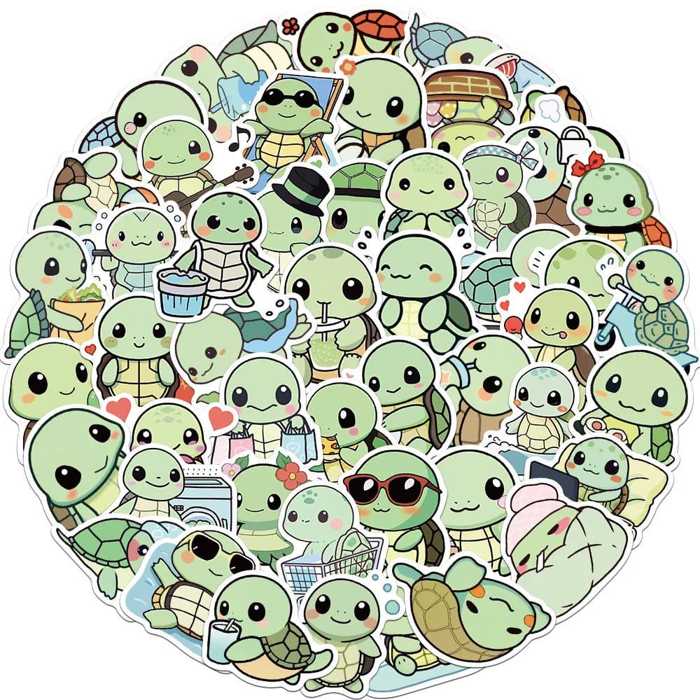 50 Pezzi Adesivi Impermeabili a Tema Tartaruga Cartone Animato per Casco, Bicicletta, Diario, Astuccio - Papery Pop Store
