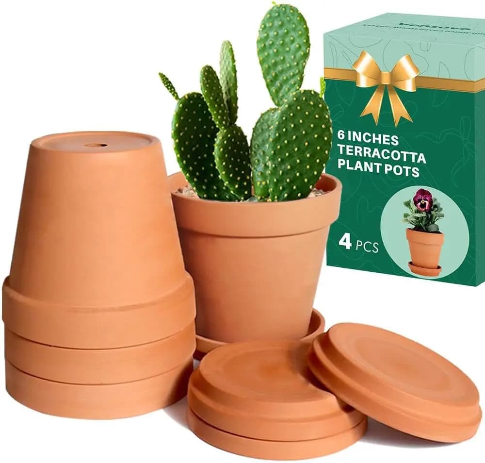 6 Inch Terracotta & Clay Pots for Plant with Saucer - 4 Pack Medium Terra Cotta Planter with Drainage Hole, Flowerpot for Indoor