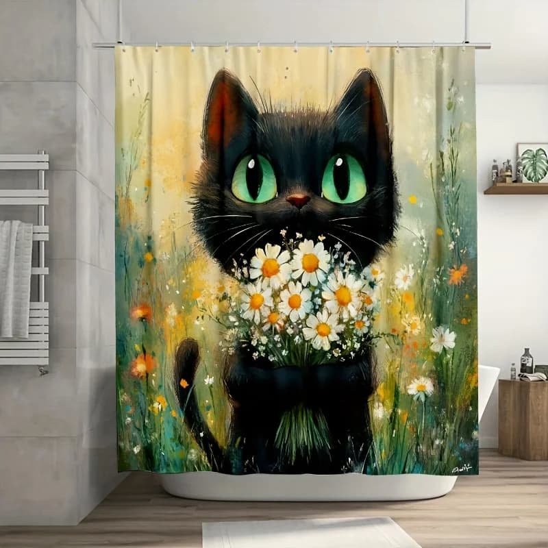 1 pezzo affascinante gatto nero con occhi verdi tenda da doccia, poliestere resistente, lavabile in lavatrice, per arredamento bagno e finestra