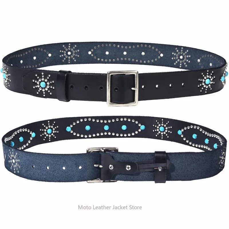 Cintura in Pelle di Vacchetta Stile Casual Americano, Larghezza 4,5 cm, con Intarsi in Finto Turchese, Borchie Punk Personalizzate, Unisex