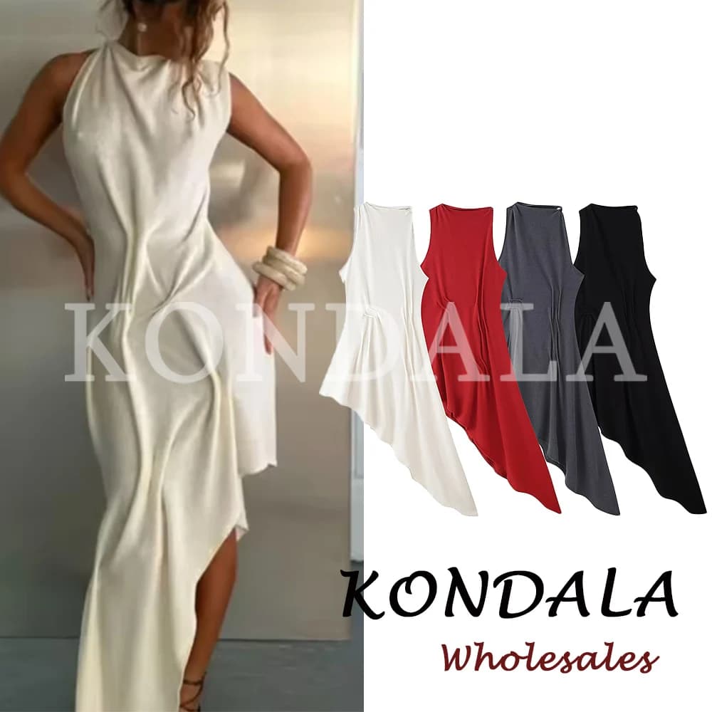 KONDALA Chic Solid Sexy Sheath Summer Woman Long Fashion 2026 Dress Asymmetric Folds Zipper Dress Backless Female Beach Vestidos