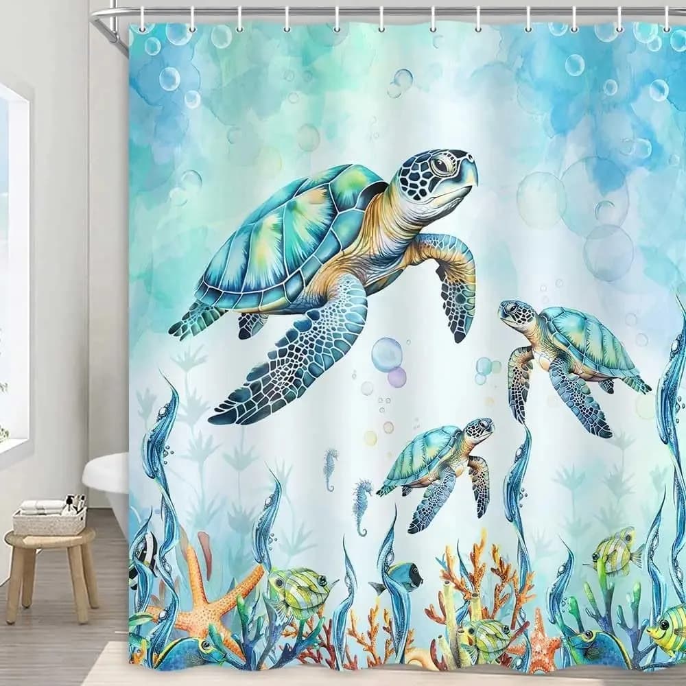 Tenda da doccia tartaruga marina blu Divertente animale oceano Stella marina Corallo Pesce tropicale Vita marina subacquea Tende Decorazioni per il bagno