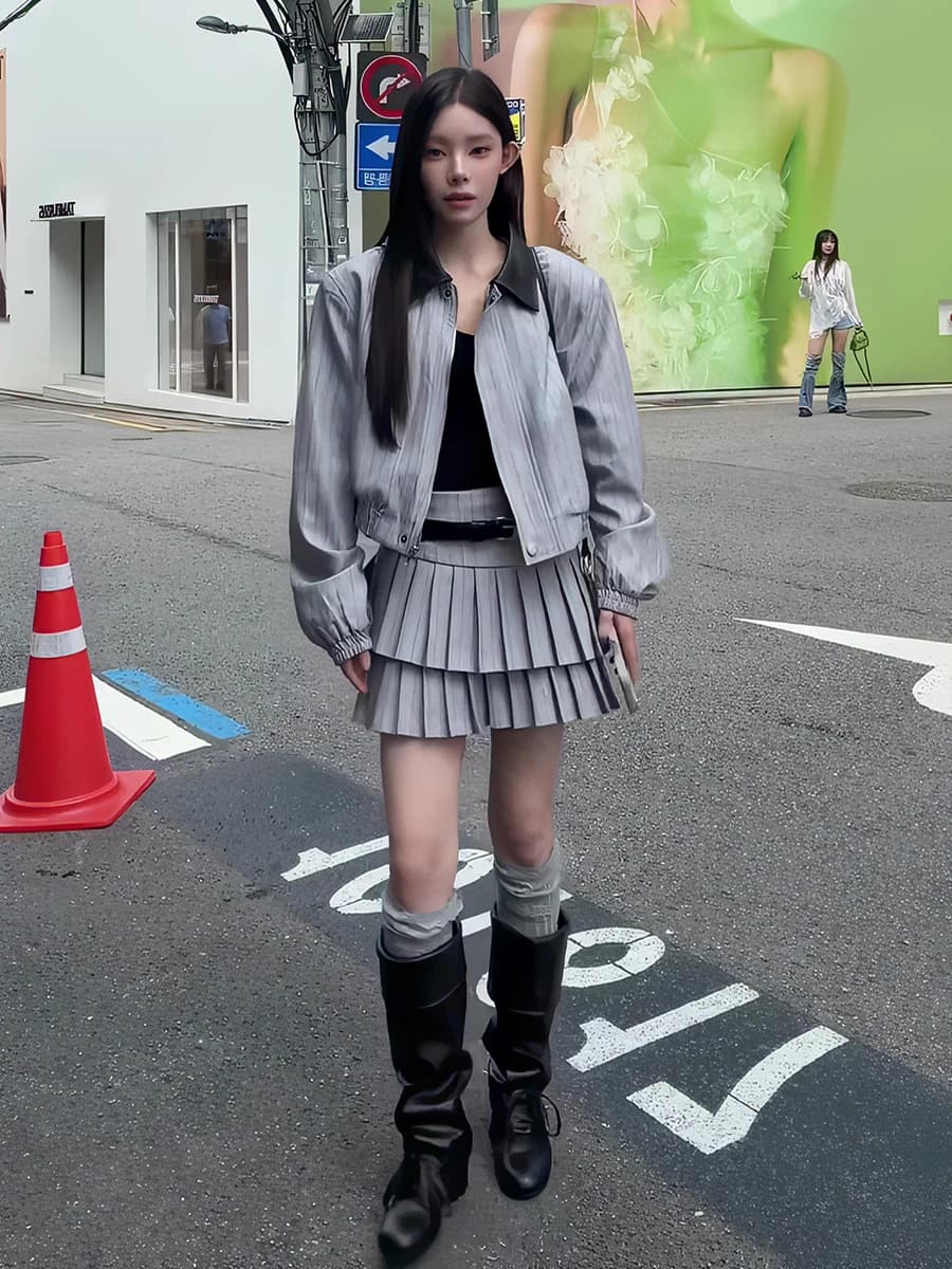 Fall 2026 Korean Style Leather Collar Short Jacket High Waist Double Layer Pleated Skirt Set Women Fashionable Unique Design