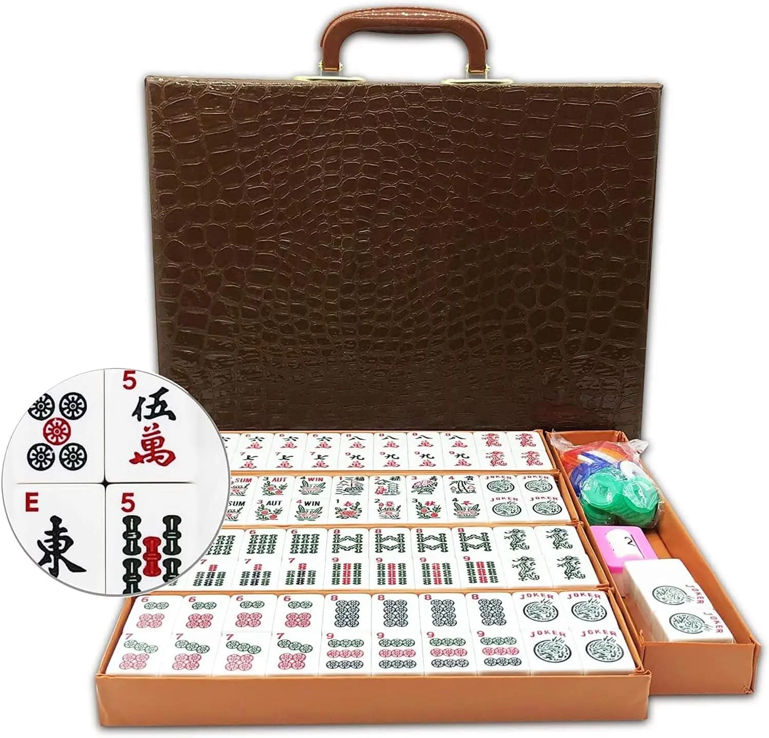 Set Mahjong Americano da 166 Pezzi, Tessere Bianche Incise, Valigetta da Viaggio, Dadi, Fiches, Indicatore del Vento, Manuale