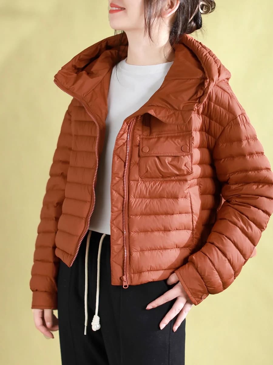 Giacca Leggera Corta con Cappuccio in Cotone Imbottito da Donna, Stile Coreano alla Moda, Calda, con Chiusura a Cerniera e Maniche Lunghe