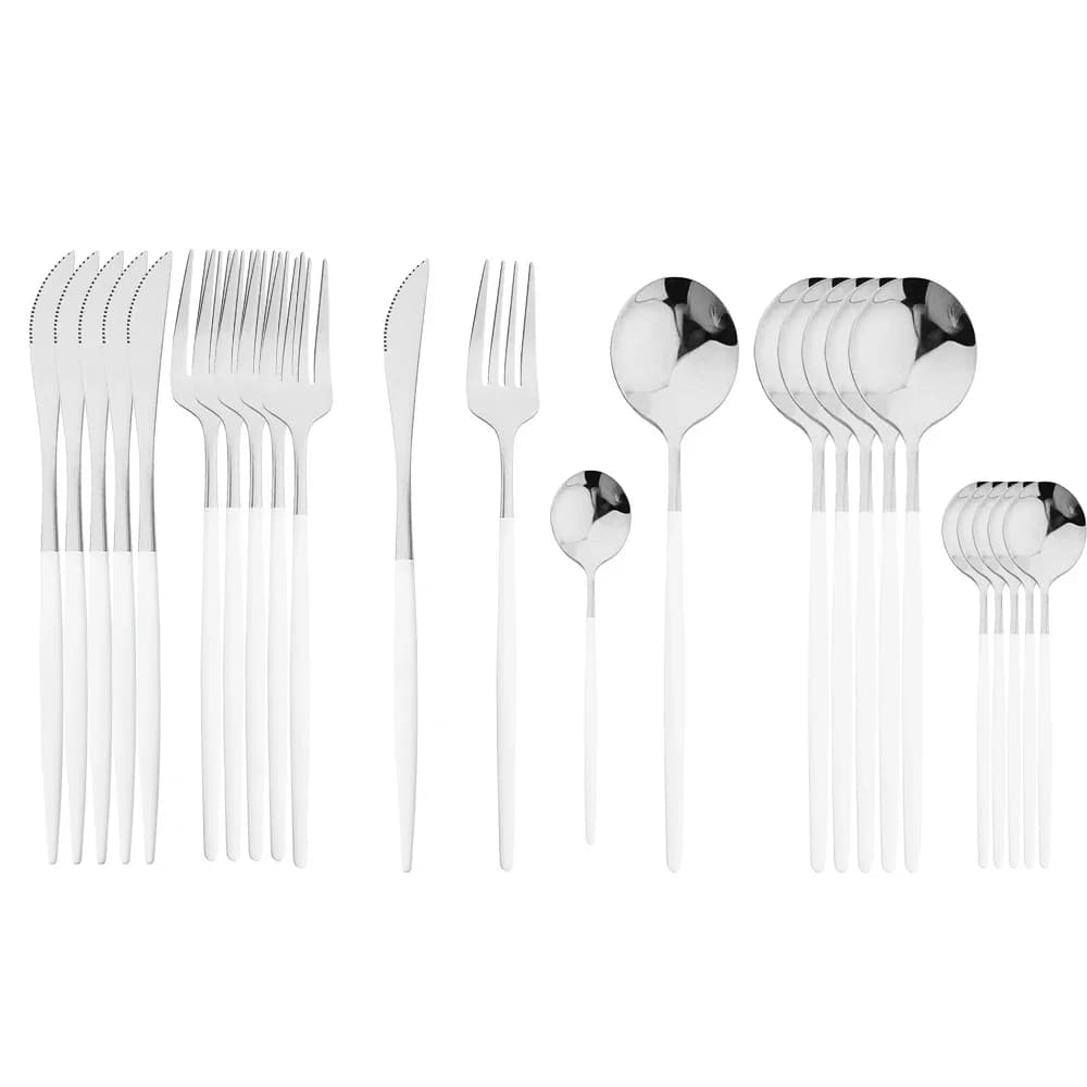 Set di stoviglie in acciaio inossidabile 24 pezzi forchetta da cucina cucchiaio coltello Set di posate per la cena Set di posate occidentali in argento bianco