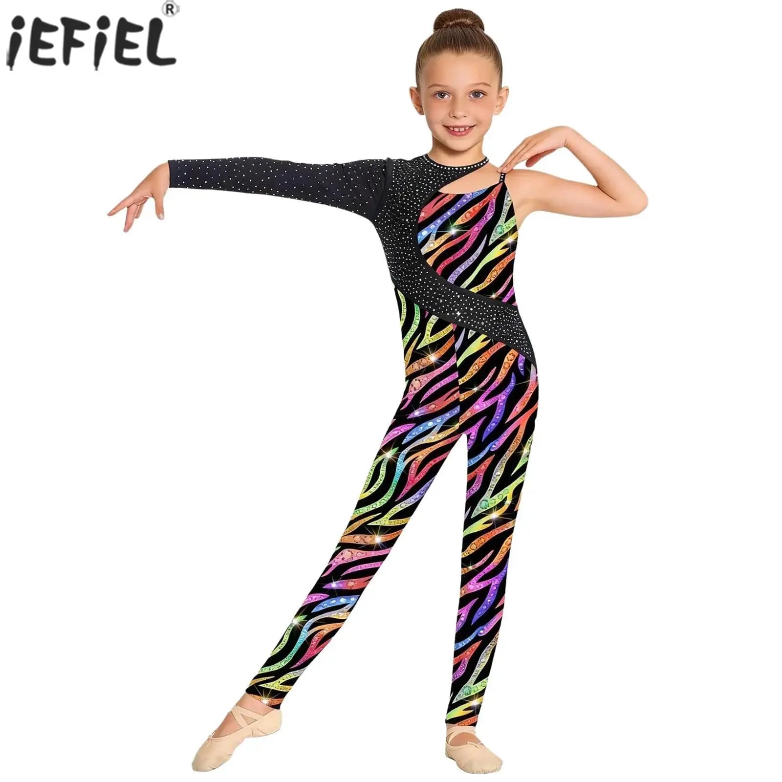Body da Ginnastica per Bambine con Strass Lucidi, Tuta per Pattinaggio Artistico e Acrobazie, Unitard Stampato per Danza e Balletto