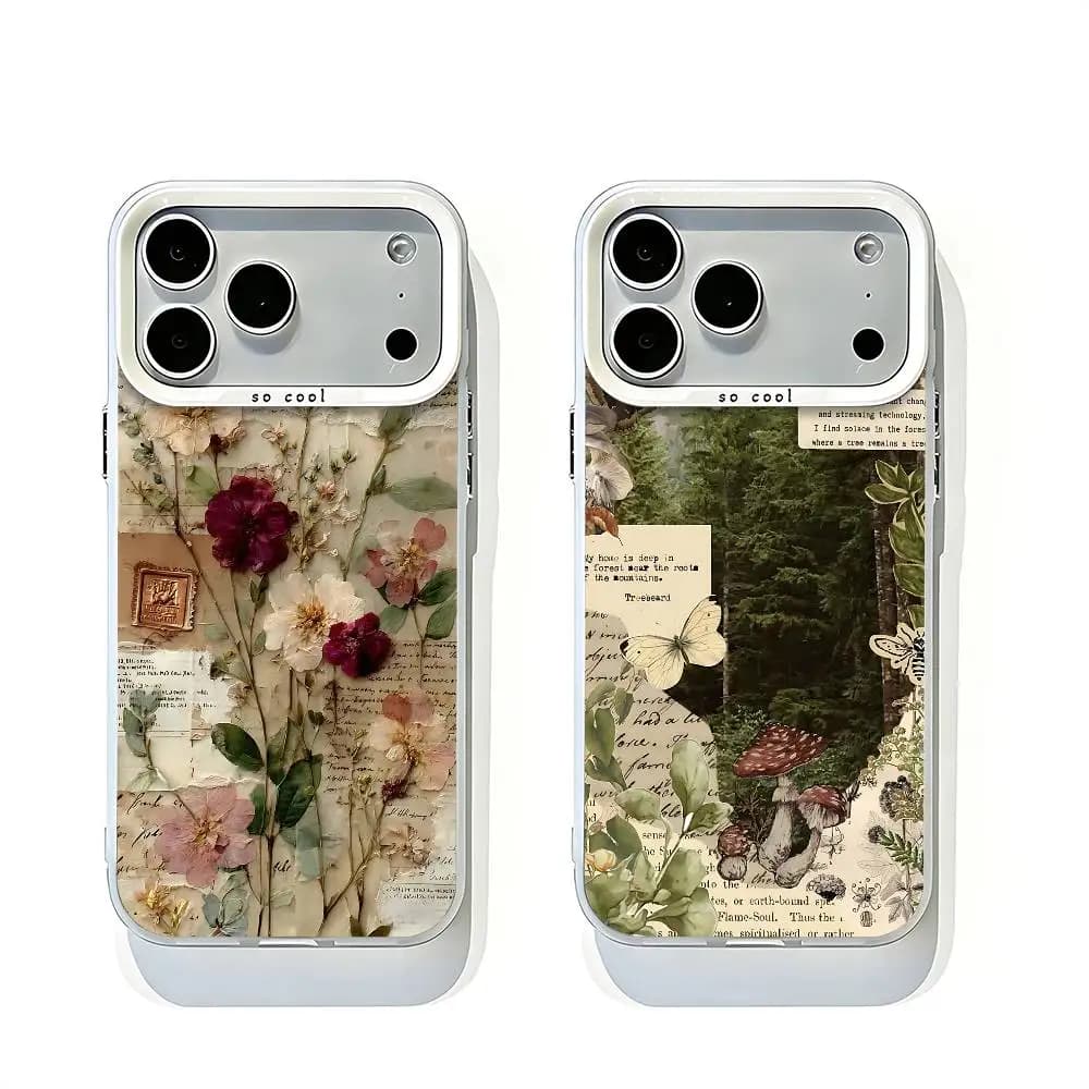 Botanical Vintage Floral Style White Matte Large Lens Frame Cover For iPhone 12 11 14 13 17 16 15 Pro Max Mini Plus E