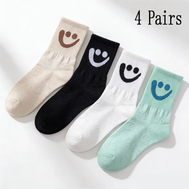 4 pairs of medium length socks for spring summer, sweet, simple, with three-dimensional relief, graffiti, smiling face, fresh and youthful sports style