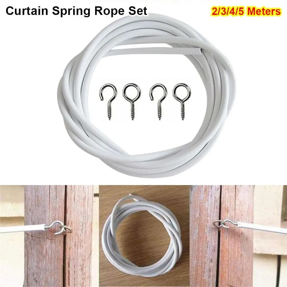 Set di 1 Corda a Molla per Tende Durevole da 2/3/4/5 Metri, in Acciaio PVC Bianco, con Ganci e Occhielli, Cavo per Finestre e Rete