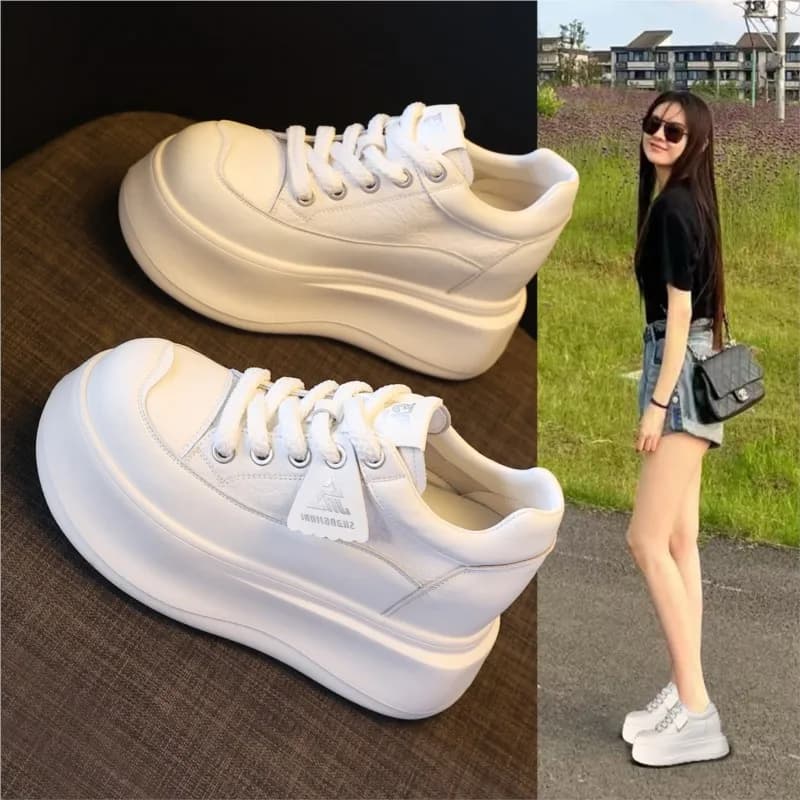 2026 8.5cm Platform Sneakers for Women Beige White Chunky High Heel Shoes Comfortable Platform Sneakers Spring Non Slip Walking