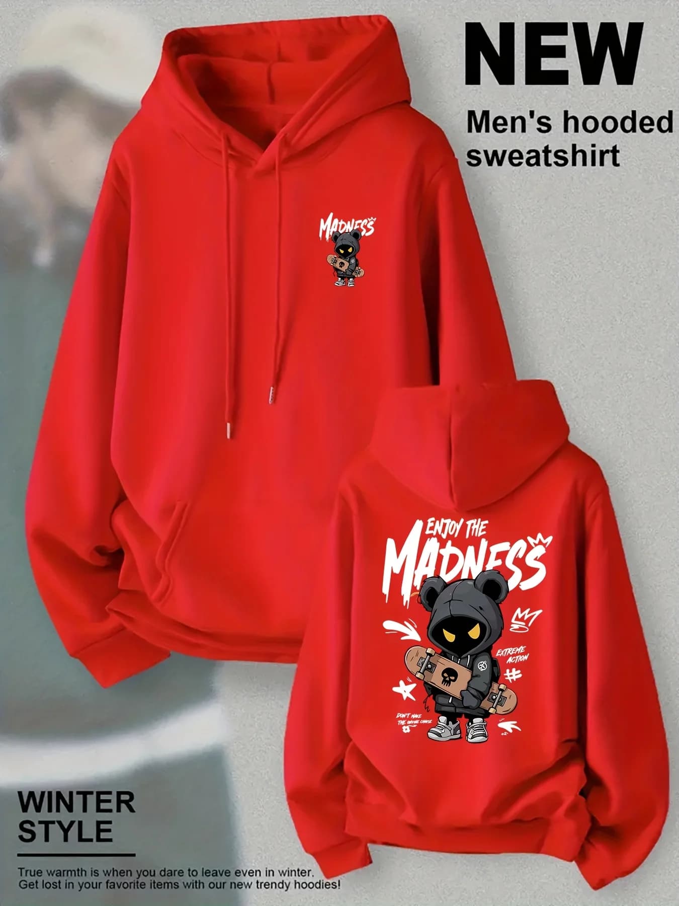 Men's trendy printed hoodie for fall and winter, featuring a "dark bear" design print, suitable for everyday wear.
