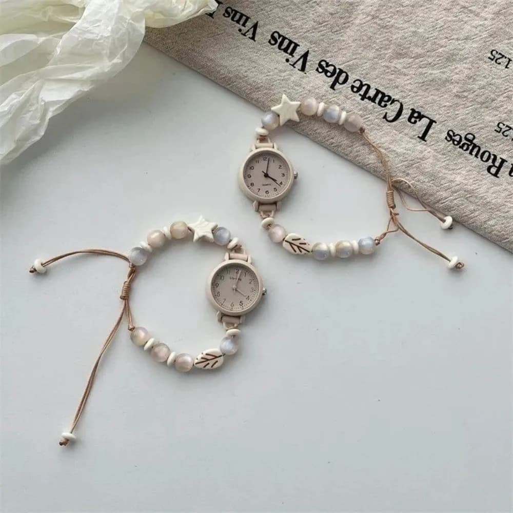 Adjustable wrist watch with cute bracelet, Handmade, with pendant and chain of beads, for Women and Girls